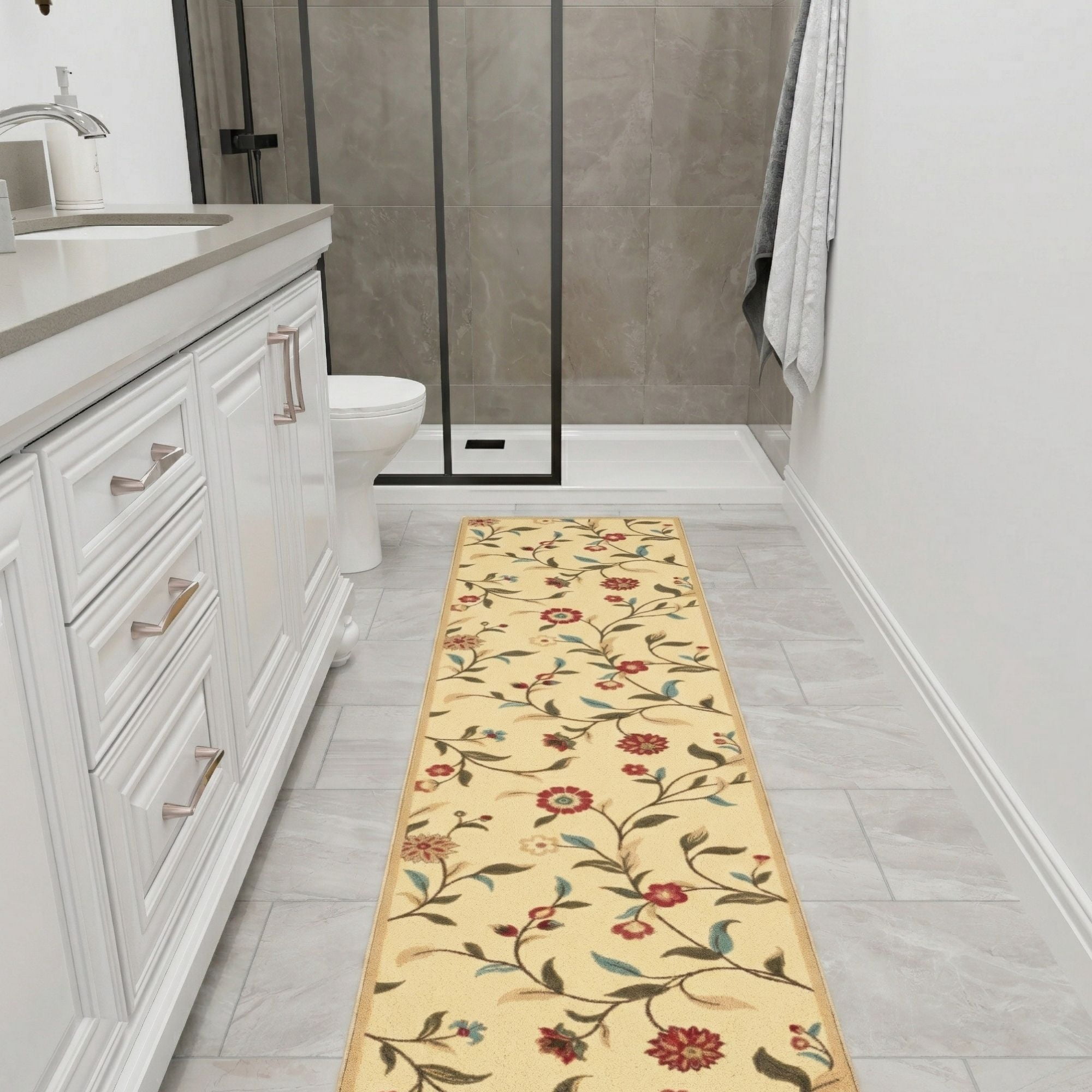 Ottomanson Extra Long Runner Rug 1'10.5" x 29' – Non-Slip Low Pile Hallway Carpet, Floral Beige