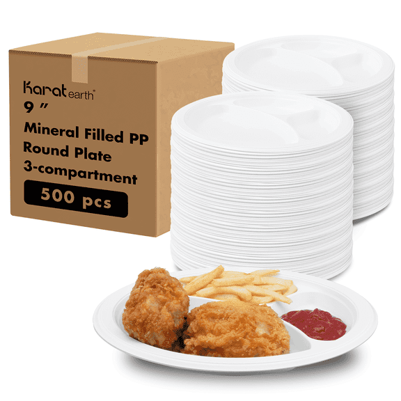 Karat Earth 9" White 3-Compartment Mineral-Filled PP Plates, 500 Count