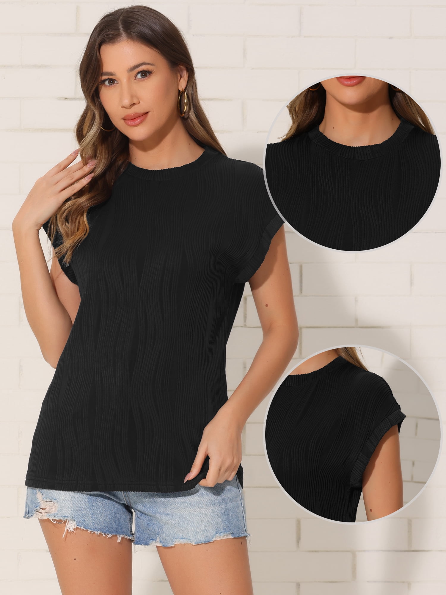 DARING DIVA Women's Short Sleeve Crew Neck Textured Casual Basic Tee Shirts S Black
