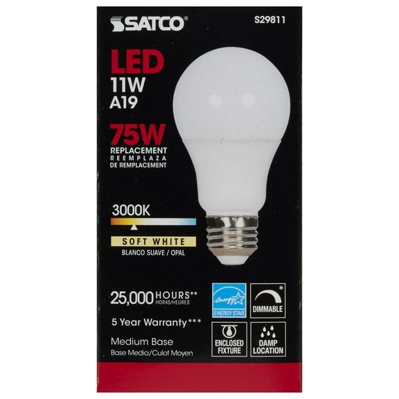 SATCO S29811 11 Watt 120V A19 LED Light Bulbs 3000K E26 Medium Base Dimmable (6 Light Bulbs)