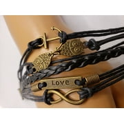 Charm Leather Bracelets For Women/Men Black with Owl and Love