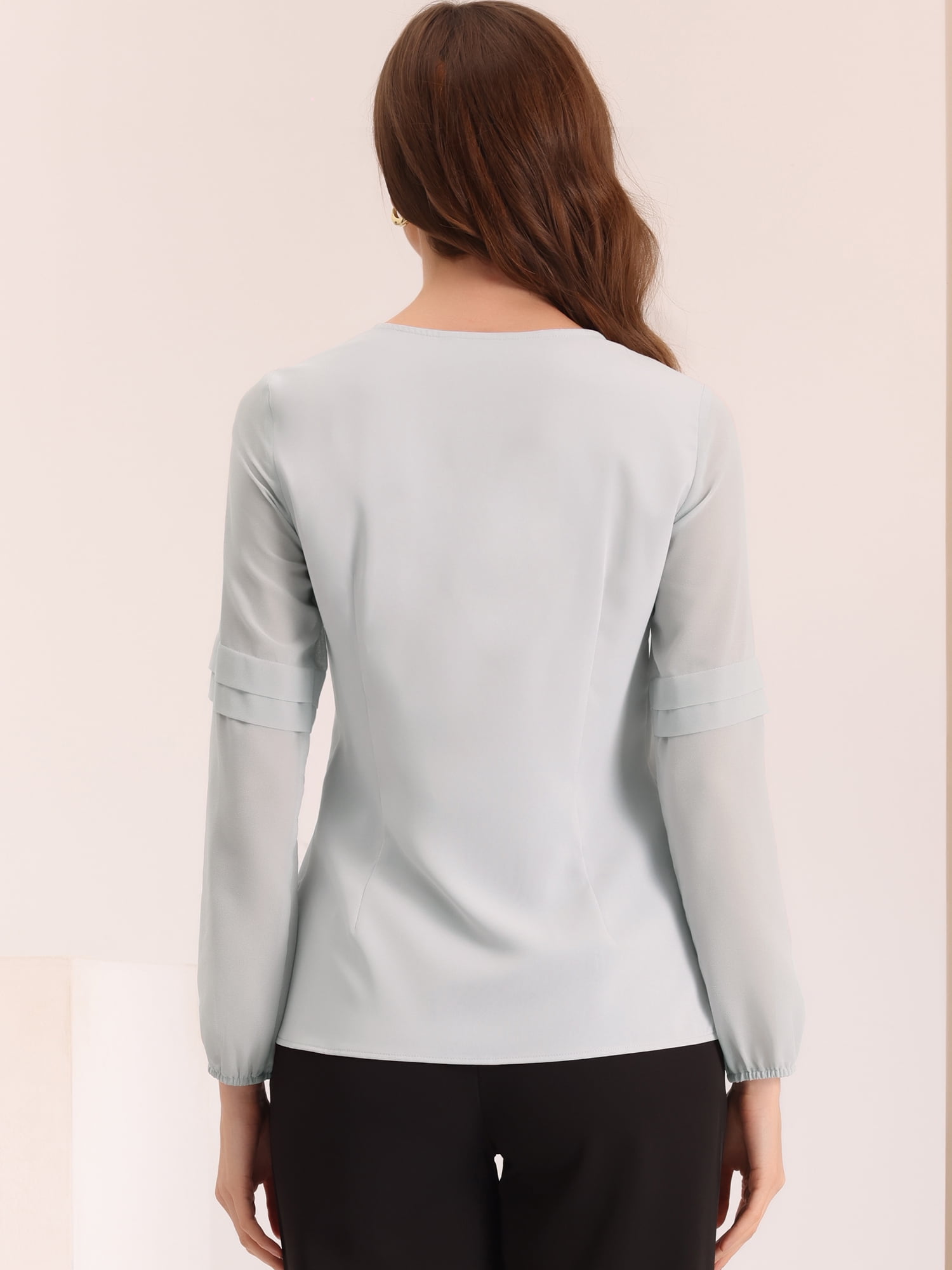 DARING DIVA Chiffon Semi Sheer Long Sleeves Keyhole Neck Blouse L Light Grey