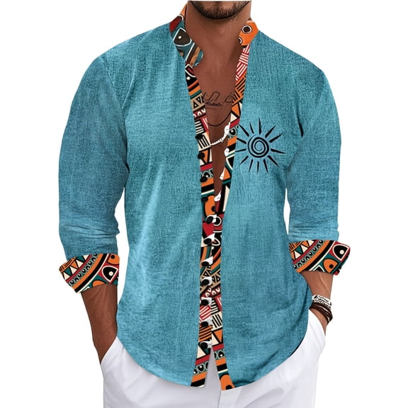 Men's Linen Ethnic Print Long-Sleeve Shirt, Classic Stand-Collar Style for Gifting & Business-Casual/Daily Streetwear(Navy,M)