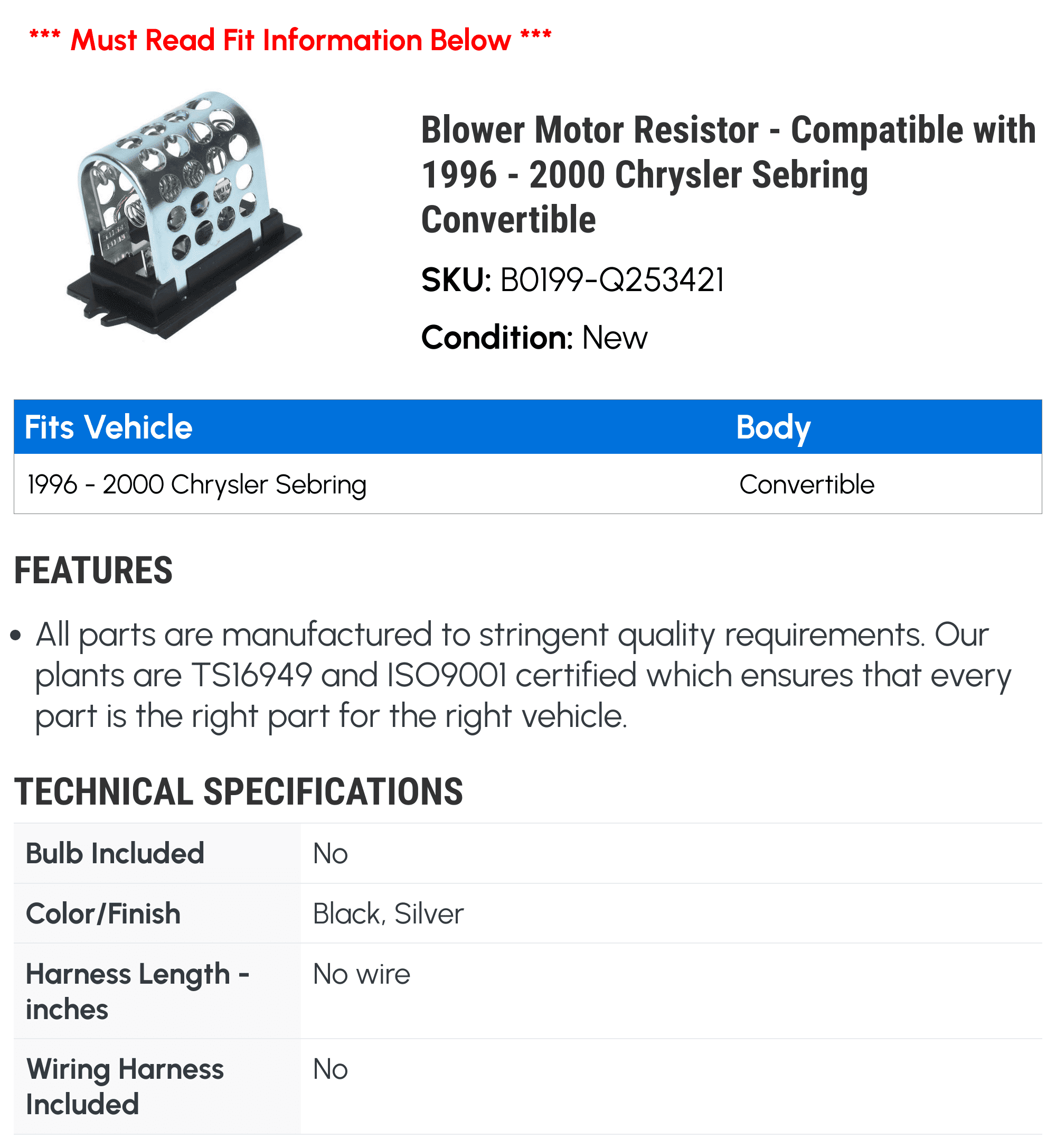 Blower Motor Resistor - Compatible with 1996 - 2000 Chrysler Sebring Convertible 1997 1998 1999