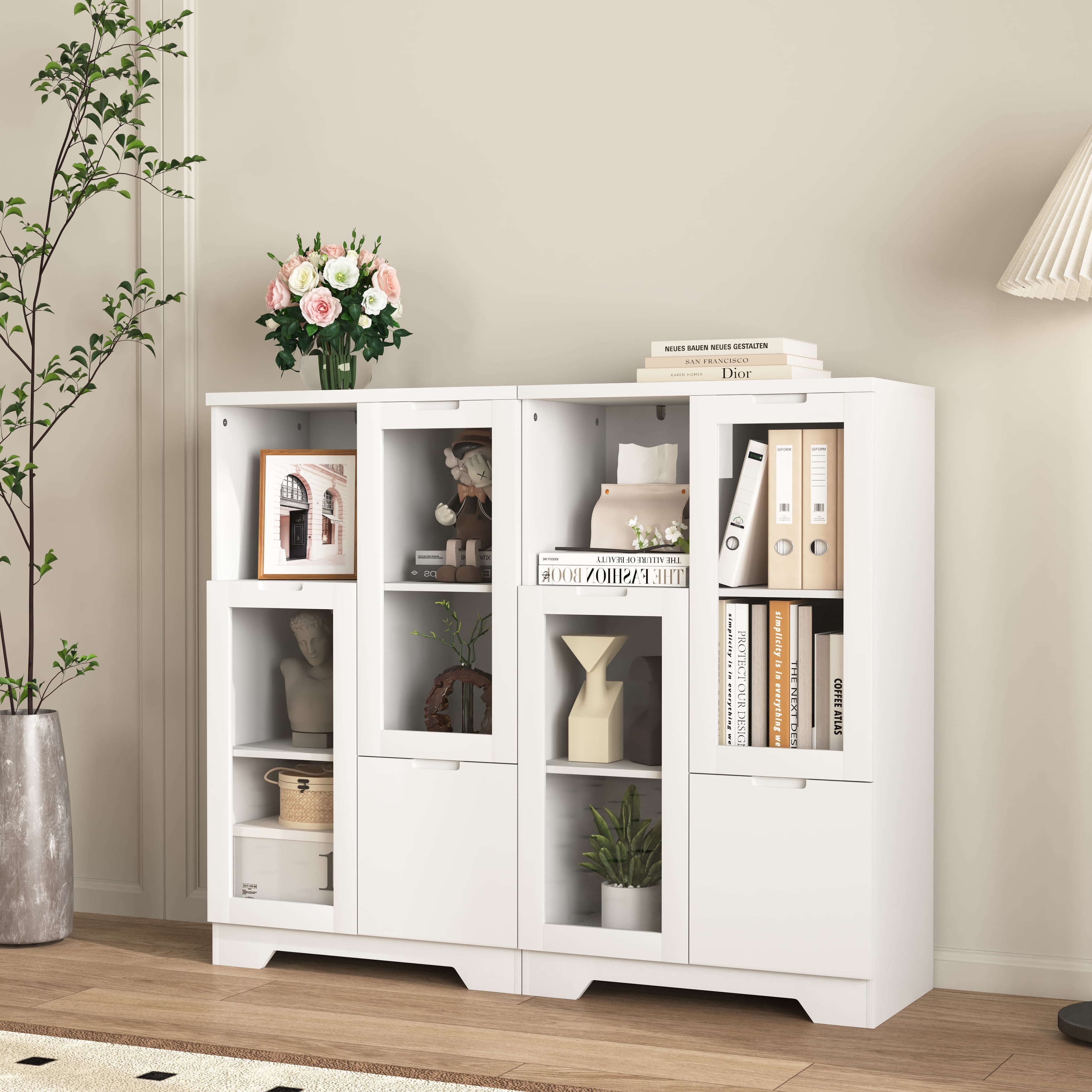 MAYEERTY White MDF Cabinet with Glass Doors & Drawer, Modern Storage Cabinet for Living Room & Bedroom, White