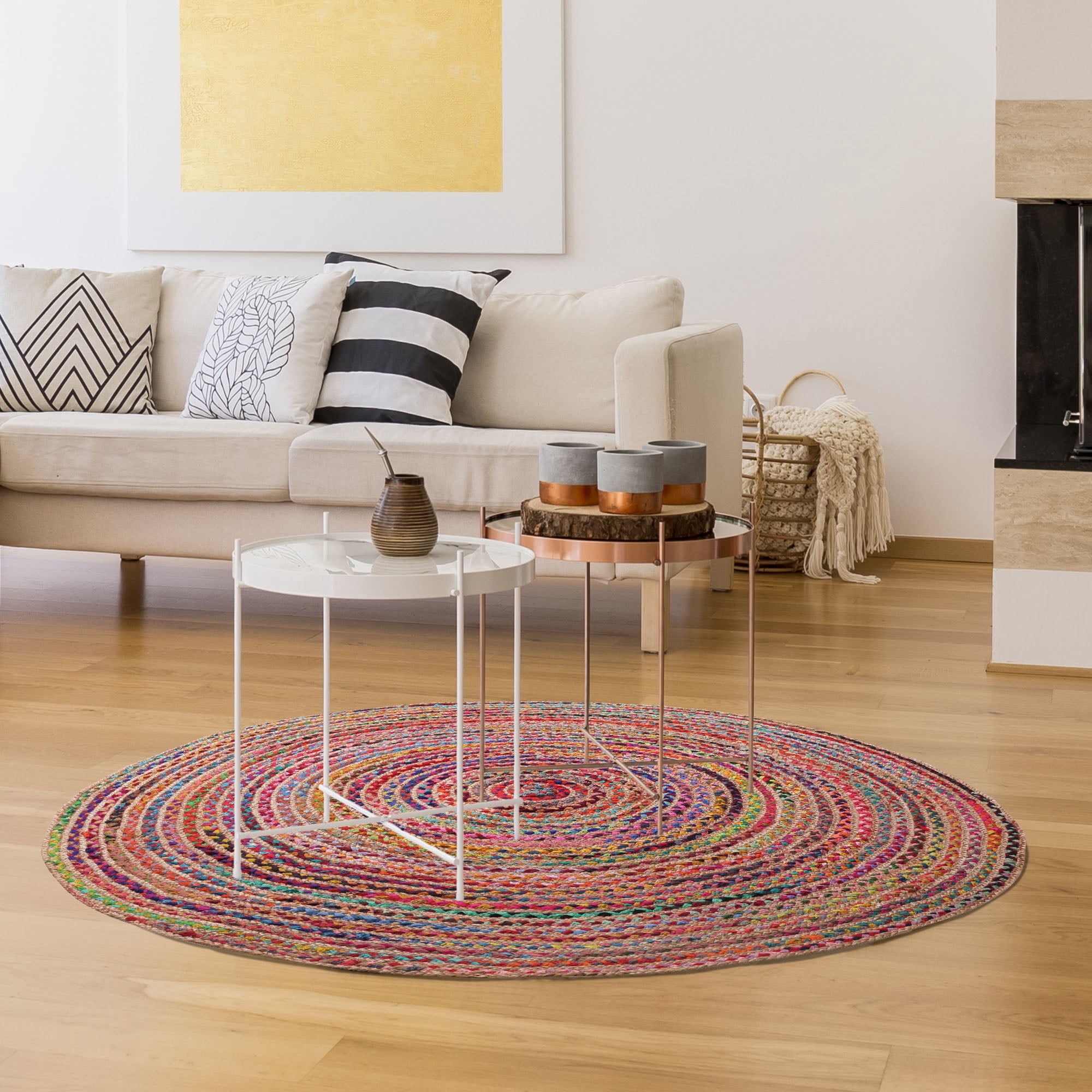 LR Home Ian 7' Round Rainbow Braided Stripe Indoor Area Rug