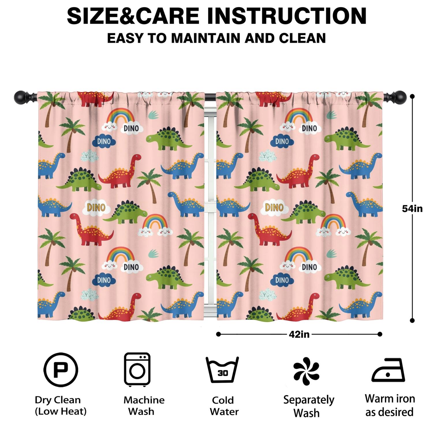 Blackout Kids Curtains,Pink Dinosaur and Rainbow Pattern Childrens Insulated Curtains Set Of 2,Bedroom Essentials,Toddler Room Decor 42"x54"