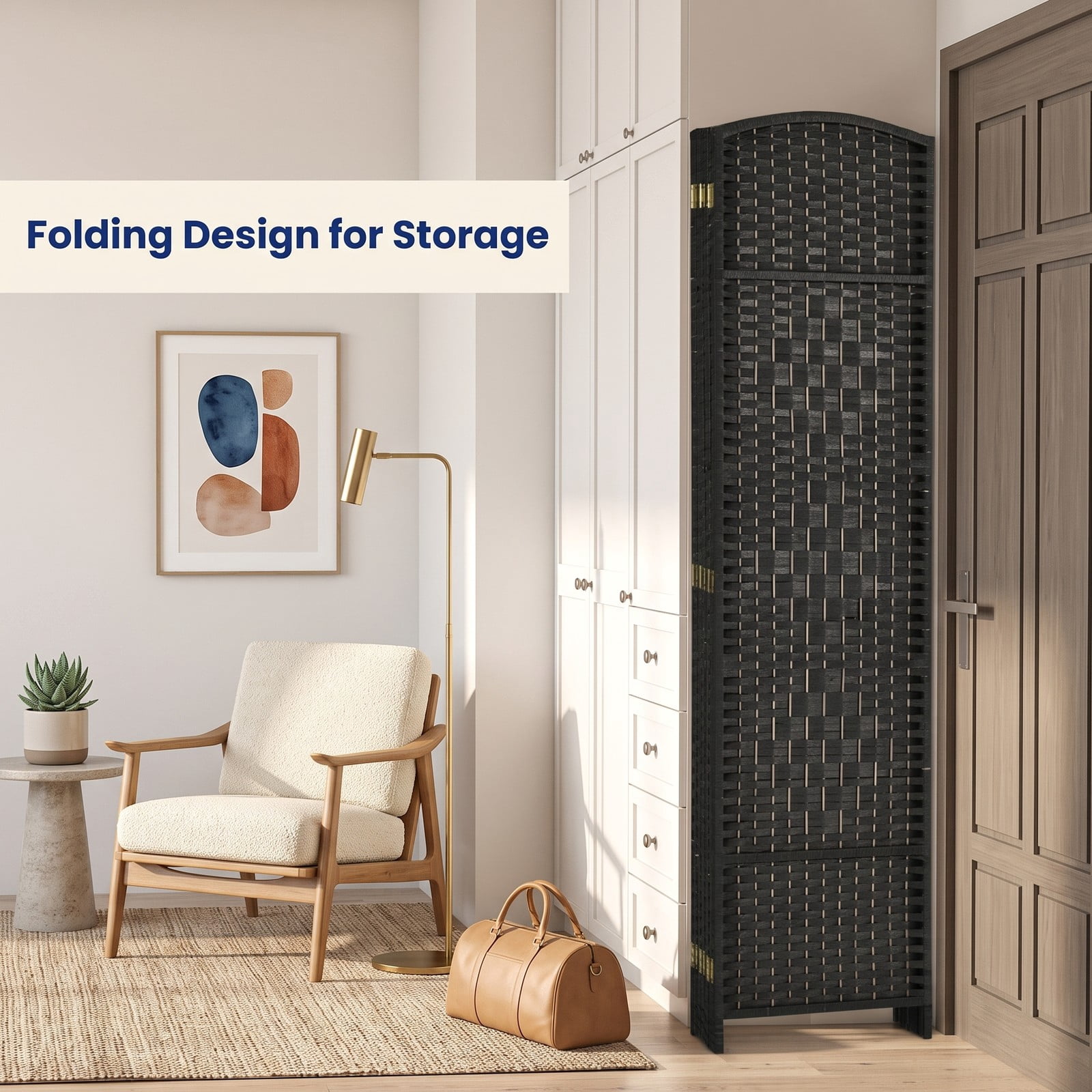 ALPULON 6.5Ft 6-Panel Handwoven Fiber Folding Room Divider Screen, Freestanding Privacy Partition with Sturdy Poplar Frame for Living Room Bedroom Office Home, Black