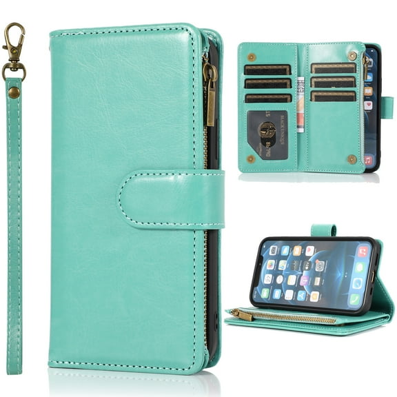 Dteck Wallet Case for iPhone 11 Pro, Premium PU Leather Zipper Flip 9 Card Slots Wallet with Wrist Strap Magnetic Closure Built-in Kickstand Protective Case,Green