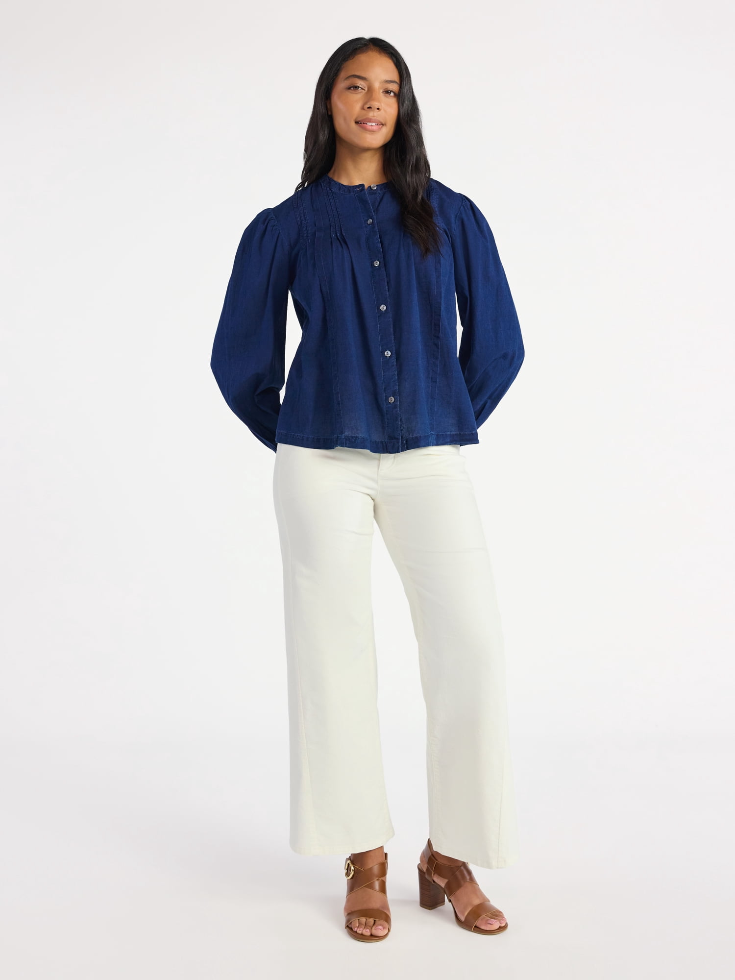 Time and Tru Women's Long Sleeve Pintuck Blouse, Sizes XS-XXXL