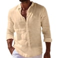 thumbnail image 3 of Cotton Linen Shirts for Men Long Sleeve Button Down Lapel Collar Tops Regular Fit Summer Daily Casual Shirts, #01 Khaki, S, 3 of 5