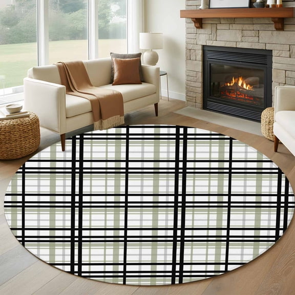 8ft Round Rug, Sage Green Black Plaid Non-Skid Rubber Backing Large Area Rugs - Living Room Bedroom Home Office, Farmhouse Green Black Checkered Indoor Floor Mat Carpets Washable Rug