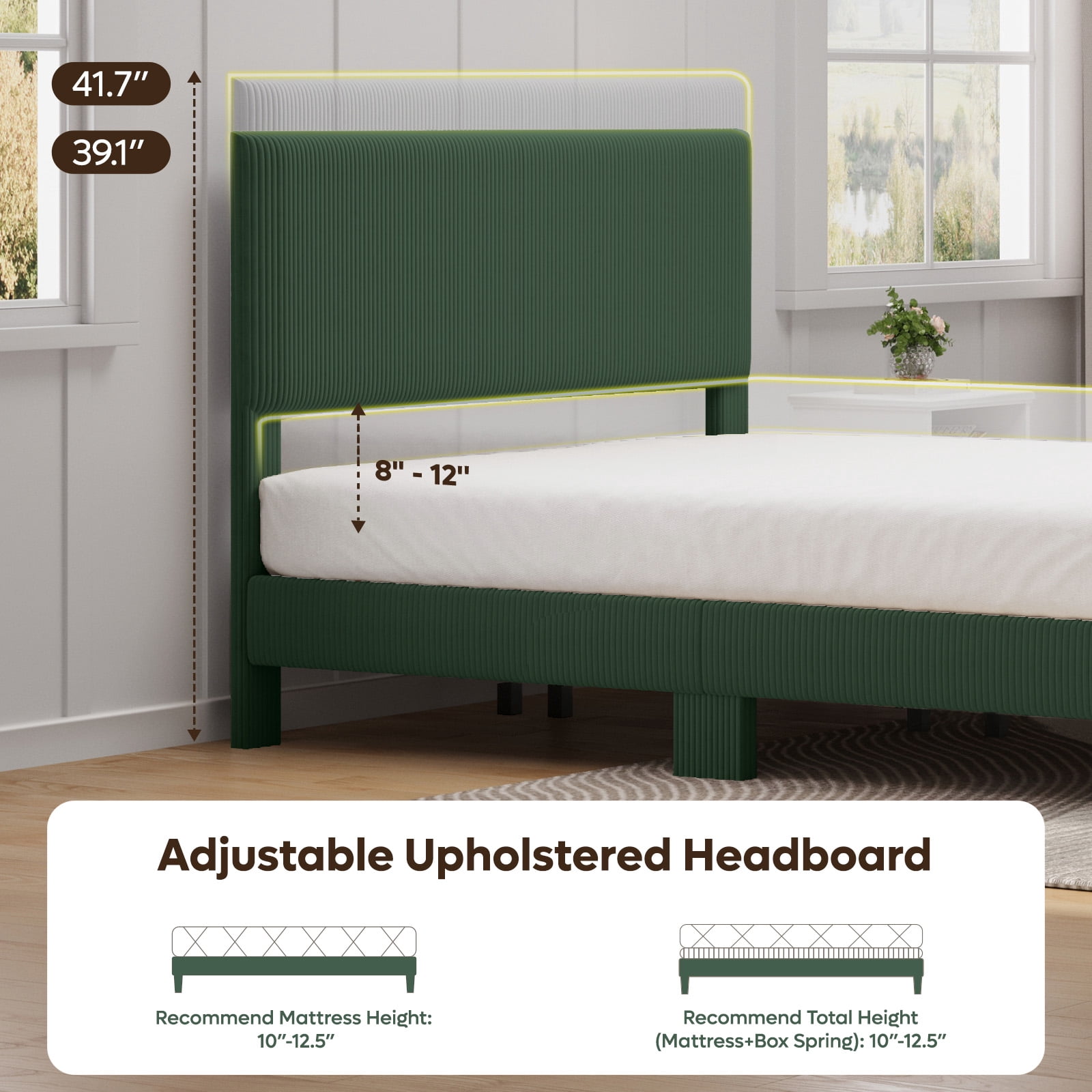 Bestier Corduroy Upholstered queen Bed Frame with Adjustable Headboard, Platform Bed Frame with LED Light, Solid Wood Slats, No Box Spring Needed, Green