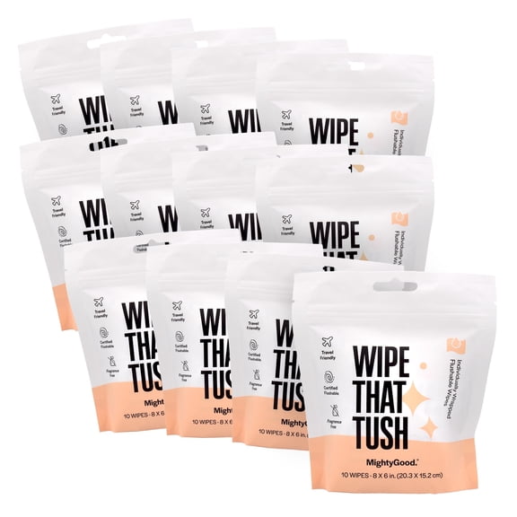 MightyGood. Wipe That Tush Travel Flushable Wipes Individually Wrapped (10 Count (Pack of 12)) Fragrance Free, Hypoallergenic