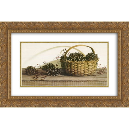Cone Matte - Pine Cones and Roseberries 2x Matted 22x17 Gold Ornate Framed Art Print by Pauline Eble Campanelli