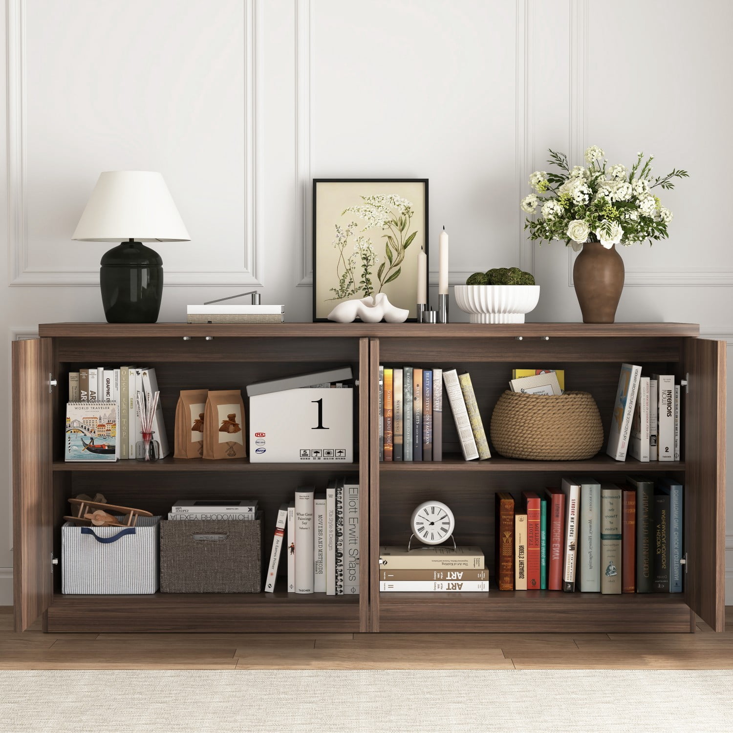 62.6" Buffet Cabinet with Storage, 4 Door Sideboard Cabinet with Shelves, Wooden Coffee Bar Cabinet Credenza Console Table for Kitchen Dining Room Living Room, Walnut