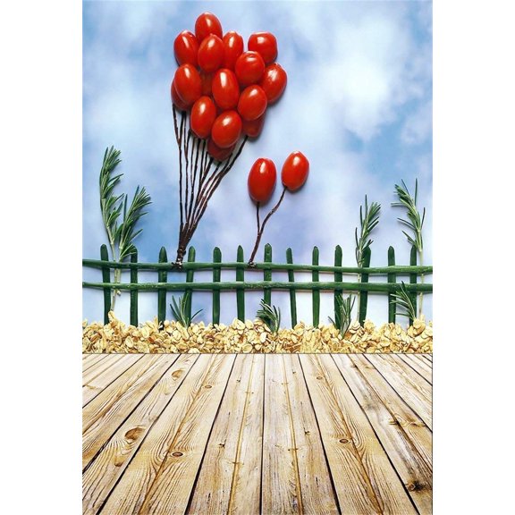 ABPHOTO 5x7ft Photography Backdrop Weathered Wooden Stripe Floor Red Flying Balloon Blue Sky Backdrops