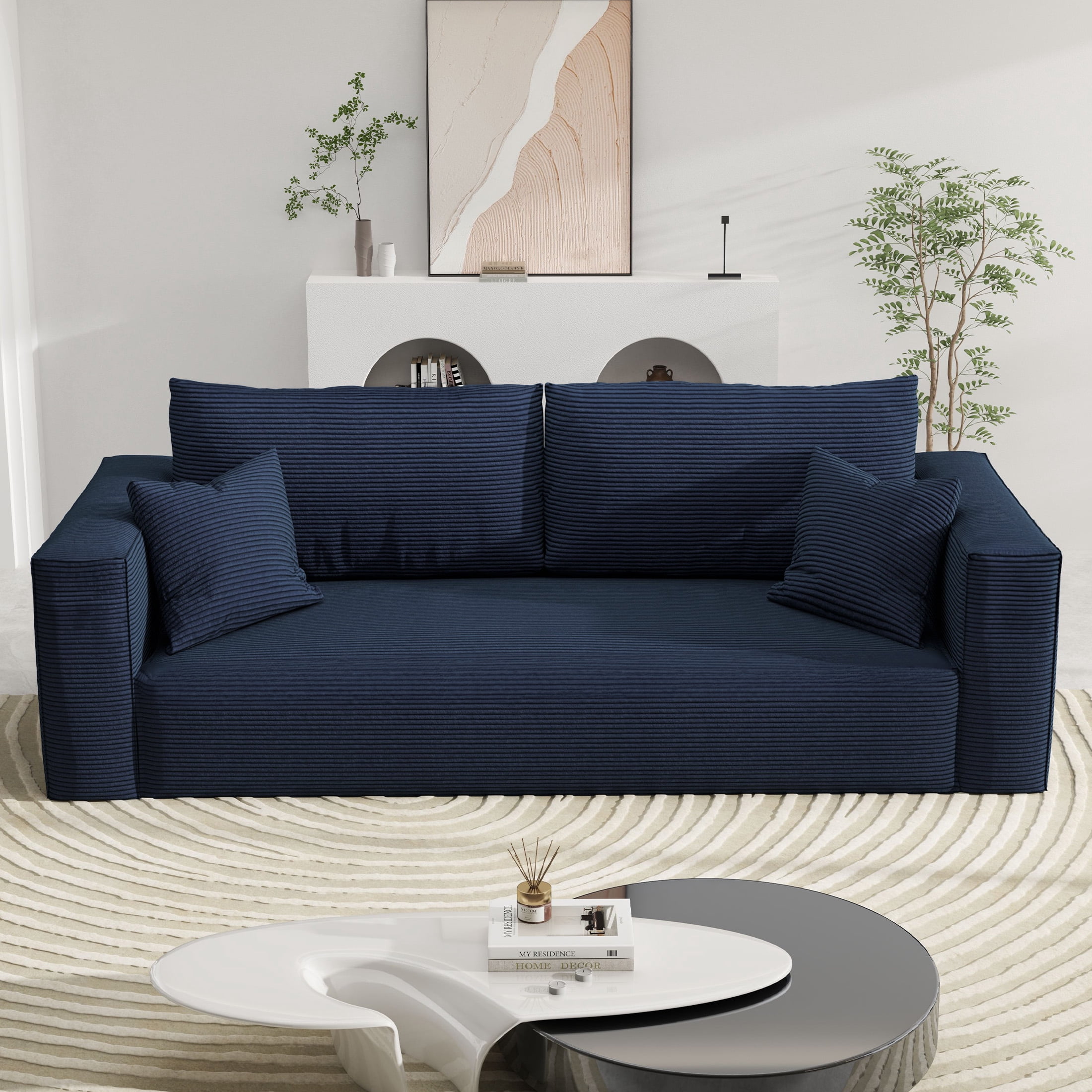 DEALTOPS 88" Loveseat Sofa, 3 Seater Pure Sponge Foam, Corduroy for Living Room, Easy Assembly，Blue