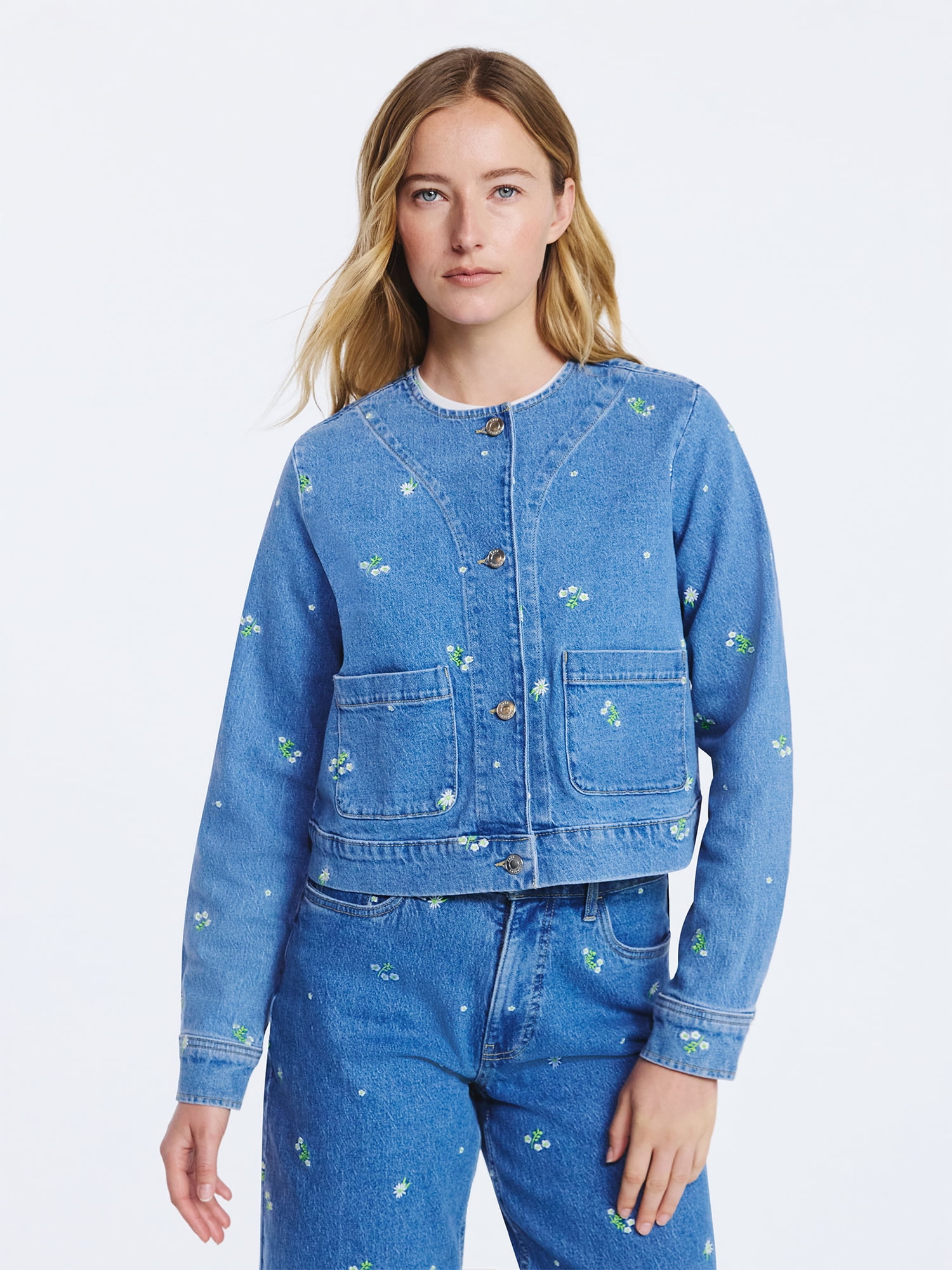 Free Assembly Women's Embroidered Cropped Denim Jacket, Sizes XS-XXL