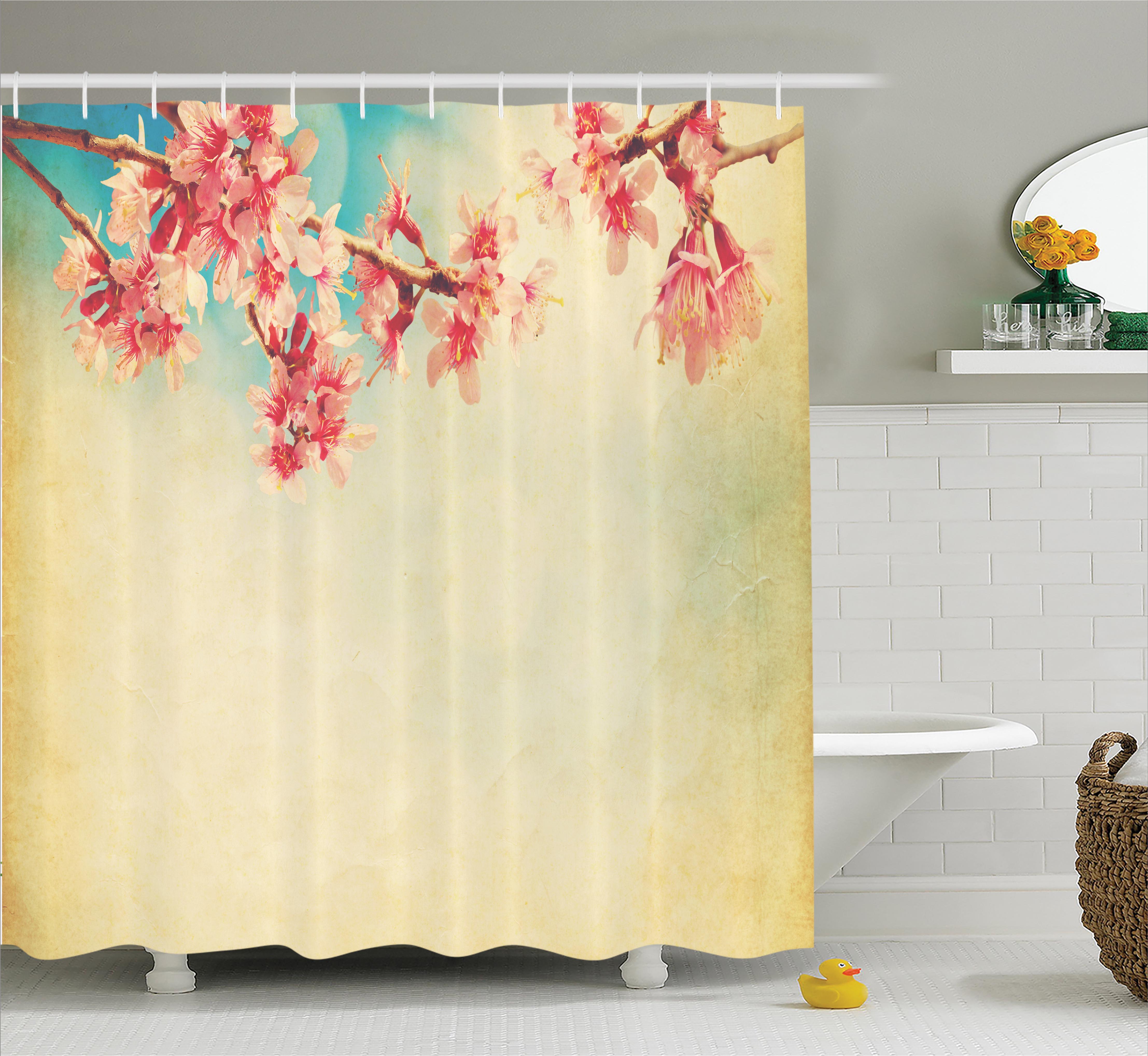 Floral Shower Curtain, Spring Sakura Flower on Sun Sky Vintage Color