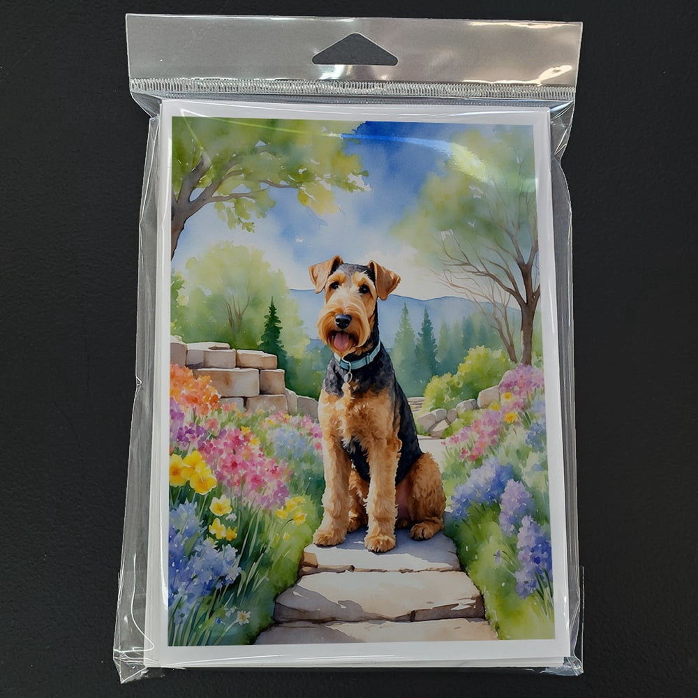 Airedale Terrier Spring Garden Greeting Cards Pack of 8 7 in x 5 in