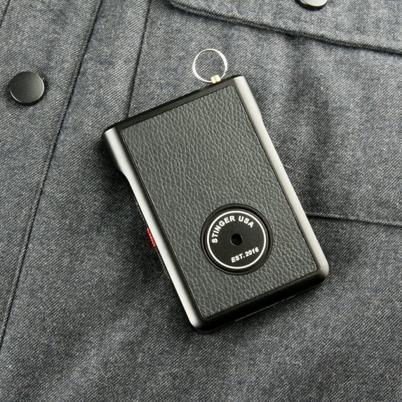 Stinger Safety Minimalist Wallet with Personal Alarm: Aluminum Money Cards Holder with Cash Strap, Safety Panic Alarm Siren, Anti-Theft Alarm, Badge / ID Holder, for Women Men (Black Leather)