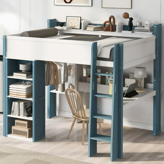 Full Size Wood Loft Bed with Built-in storage shelves, Clothes rails and desk, White Blue