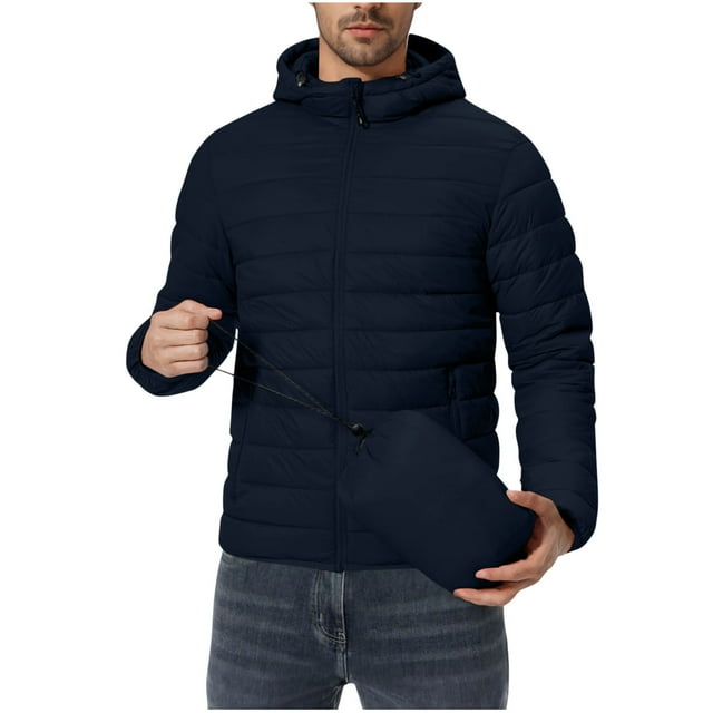 cfhntfmh Mens Packable Puffer Jacket Midweight Zipper down Jacket with Pockes Hooded Outdoot Winter Coat Windproof