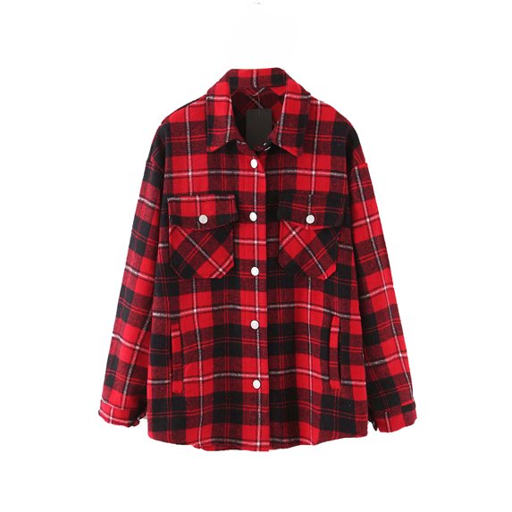 Gureui Women's Plaid Print Button Down Jacket, Casual Vintage Long Sleeve Loose Coat Lapel Fall Winter Warm Outwear with Side Pockets