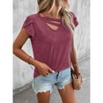 thumbnail image 4 of Women Petal Sleeve Top Casual V Neck Plain Color Dressy Loose Fit Summer Basic Tee Top Red Purple XL, 4 of 7