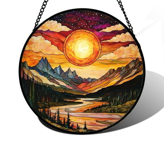 Stained Glass Window Hanging, Dusk Sunset Landscape Sun Catchers Glass Panel Lakes and Mountains Suncatcher Decor for Birthday for Women, Men, Wife, Aunt, and Mom