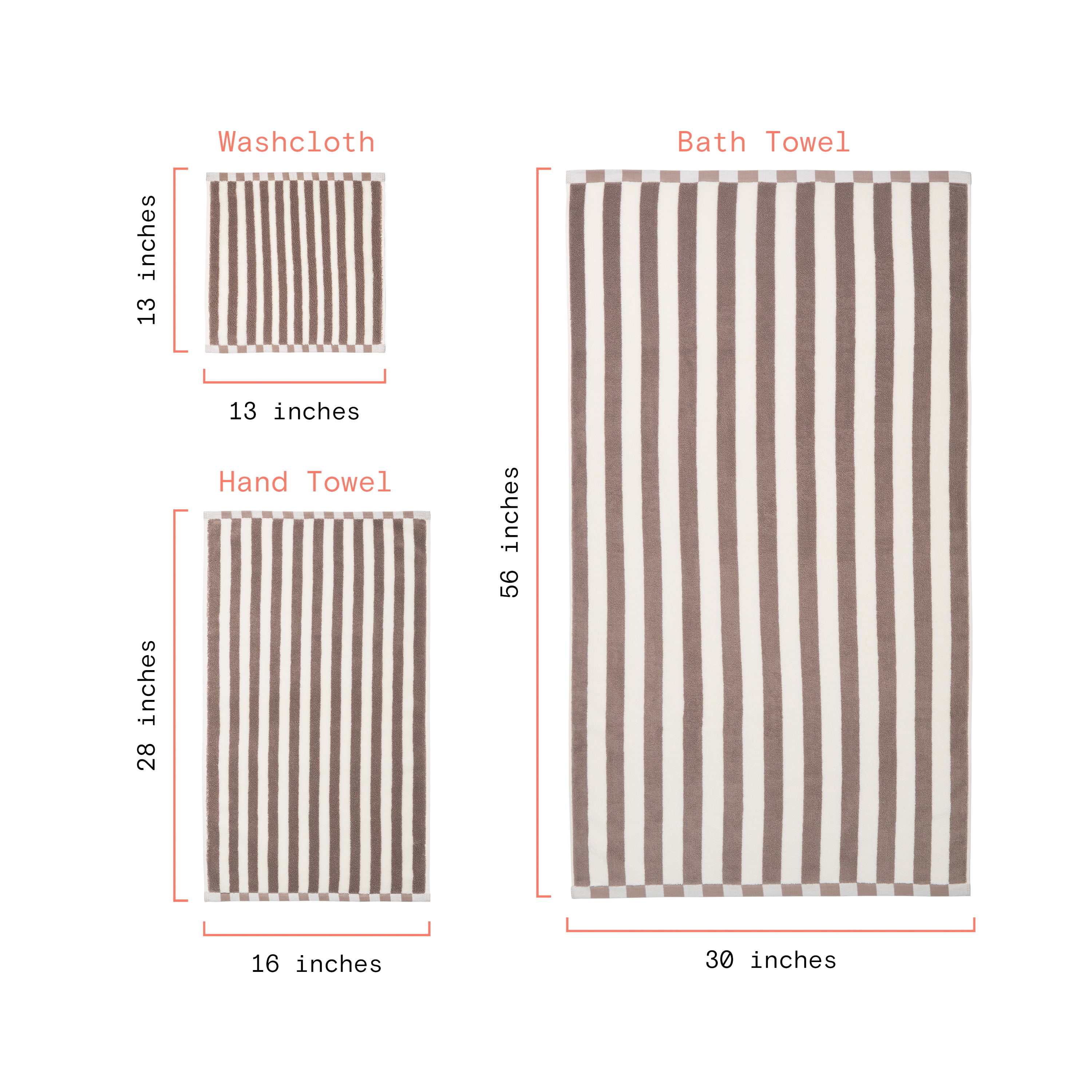 Beautiful by Drew Barrymore 6-Piece Stripe Hem Bath Towel Set, Soft 100% Cotton, Taupe