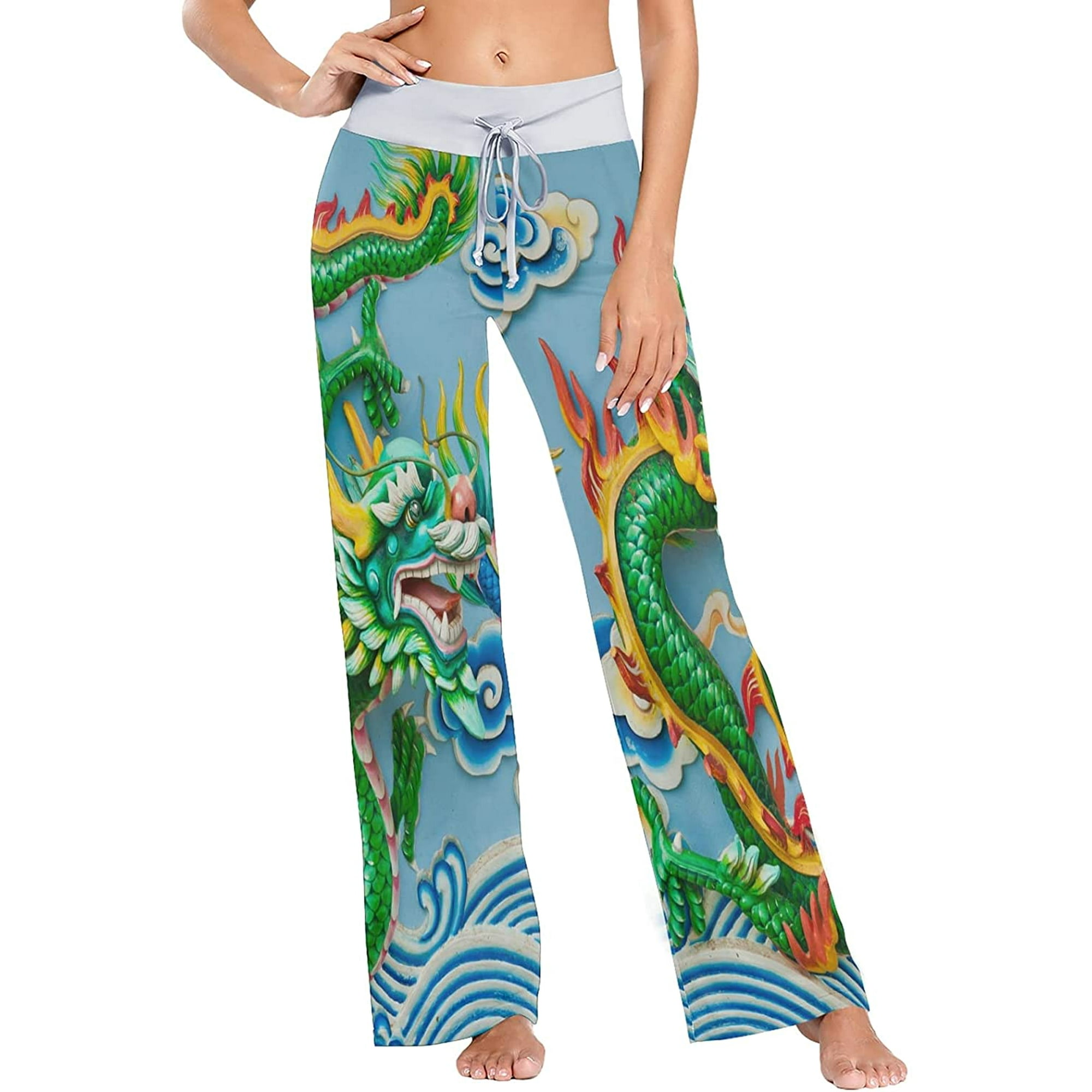 Beautiful Green Dragon Chinese Women s Pajama Lounge Pants Casual Stretch Pants Wide Leg Walmart
