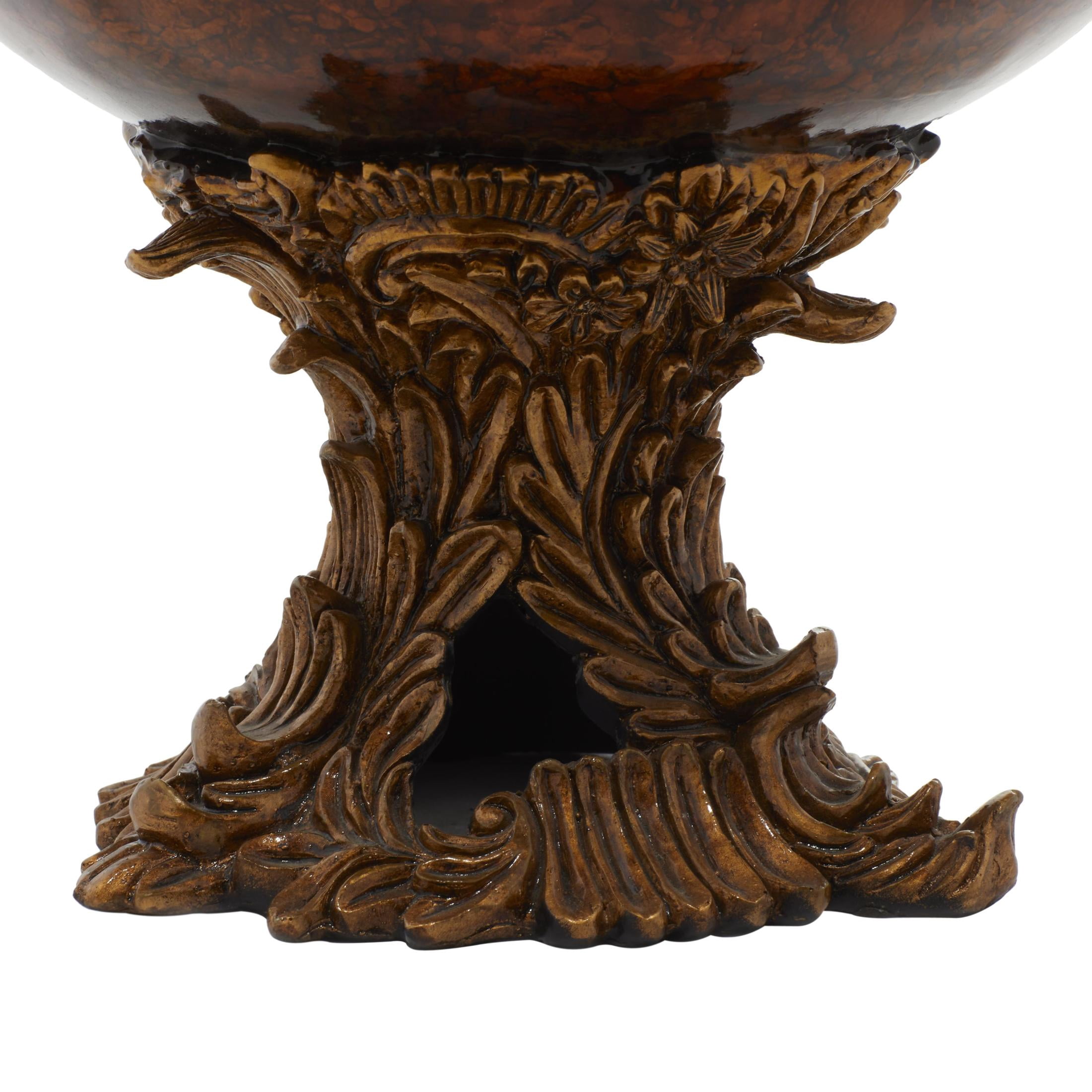 DecMode 14" Oval Intricately Carved Arabesque Leaf Gold Polystone Decorative Bowl