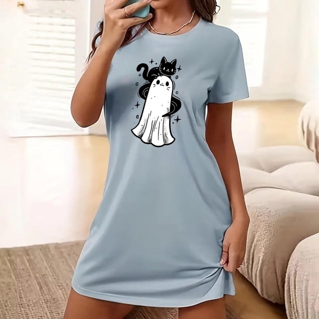 Camisón corto de talla grande para mujer, camisón de manga corta con estampado de pecho a la moda, camisón para mujer