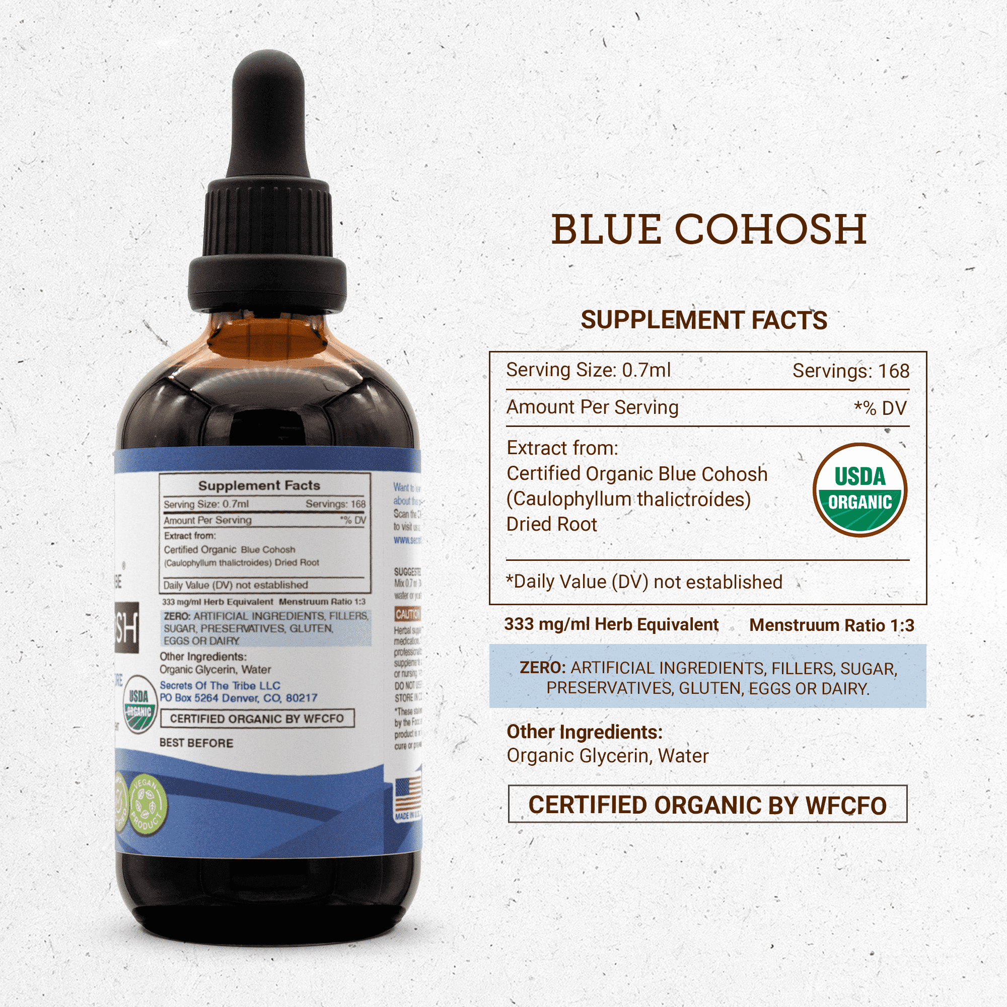 Secrets Of The Tribe Blue Cohosh Organic Dietary Supplement, Natural Herbal Tincture for Women’s Support, Certified Organic Blue Cohosh (Caulophyllum thalictroides) Dried Root, Alcohol-Free, 4 oz