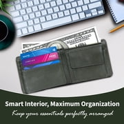 Ecocraft Men Leather Bifold Wallet – Mild Milled Finish Premium goat milled leather in rich green Classic bifold Full Grain Leather