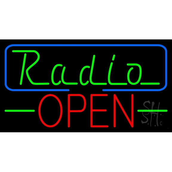 Radio Open With Blue Border LED Neon Sign 13 x 24 - inches, Clear Edge Cut Acrylic Backing, with Dimmer - Bright and Premium built indoor LED Neon Sign for Computer & Electronics store decor.