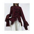 thumbnail image 5 of Womens Casual Blouses Flared Sleeve Stand Collar Ruffle Tops Summer Trendy Vacation Shirt Wine Red L, 5 of 10