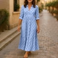 thumbnail image 6 of Uscallm Women Plus Size V Neck 3/4 Sleeve Button Down Dot Boho Midi Dress Flowy Casual Loose Maxi Travel Dresses with Elastic Waist, Sky Blue 2XL, 6 of 7