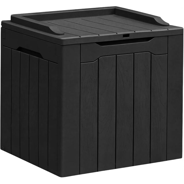 Coffre de Terrasse en Résine Grand Rangement Extérieur pour Meubles de Patio, Outils de Jardin, Articles de Piscine, Résistant aux Intempéries et aux UV, Verrouillable (Noir Foncé, 30 Gallons)
