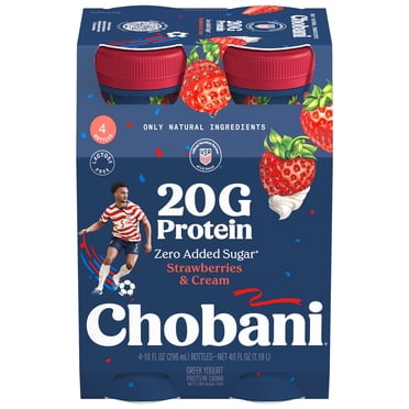 Chobani 20G Protein Low-Fat Greek Yogurt Drink, Strawberries and Cream 10 fl oz Bottle, 4 Pack