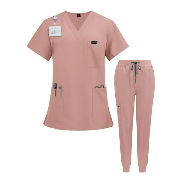 1 Piece Solid Color Slight Stretch Fabric Regular Fit Pockets Slit Hem Women's Scrub Suit Suitable for All-season Medical Uniforms New Women's Scrub Suit V-neck Short Sleeves