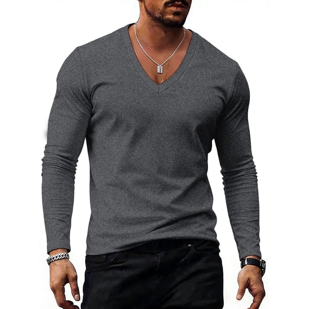 Ceisia Men's Slim-Fit Long-Sleeve V-Neck T-Shirt Multi-Solid for Summer Casual Gift