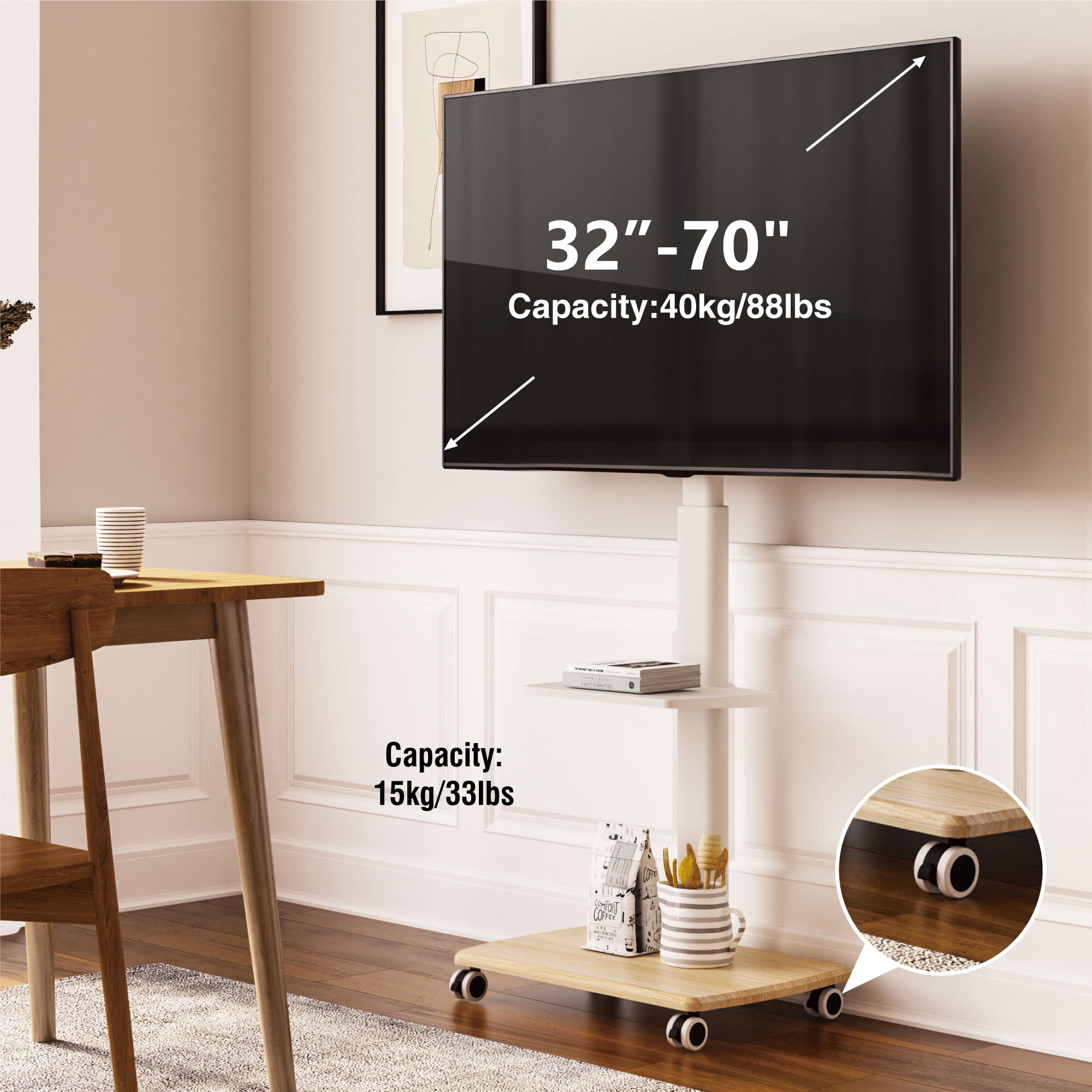 FITUEYES Rolling TV Floor Stand for 32 - 70 Inch TVs, with 1 shelf