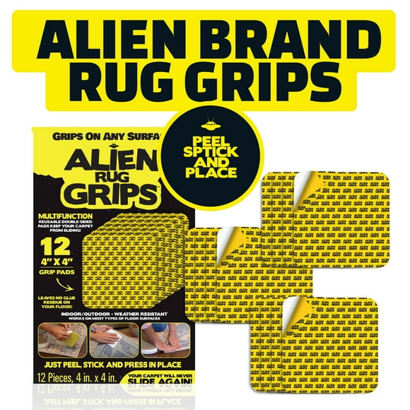 Alien Grip Rug Gripper Carpet Tape - 12pcs, 4x4 in. Anti-Slip Hardwood, Tile Floor, No Damage - Double Sided Reusable, Non Slip Corner Rug Pads - As Seen on TV