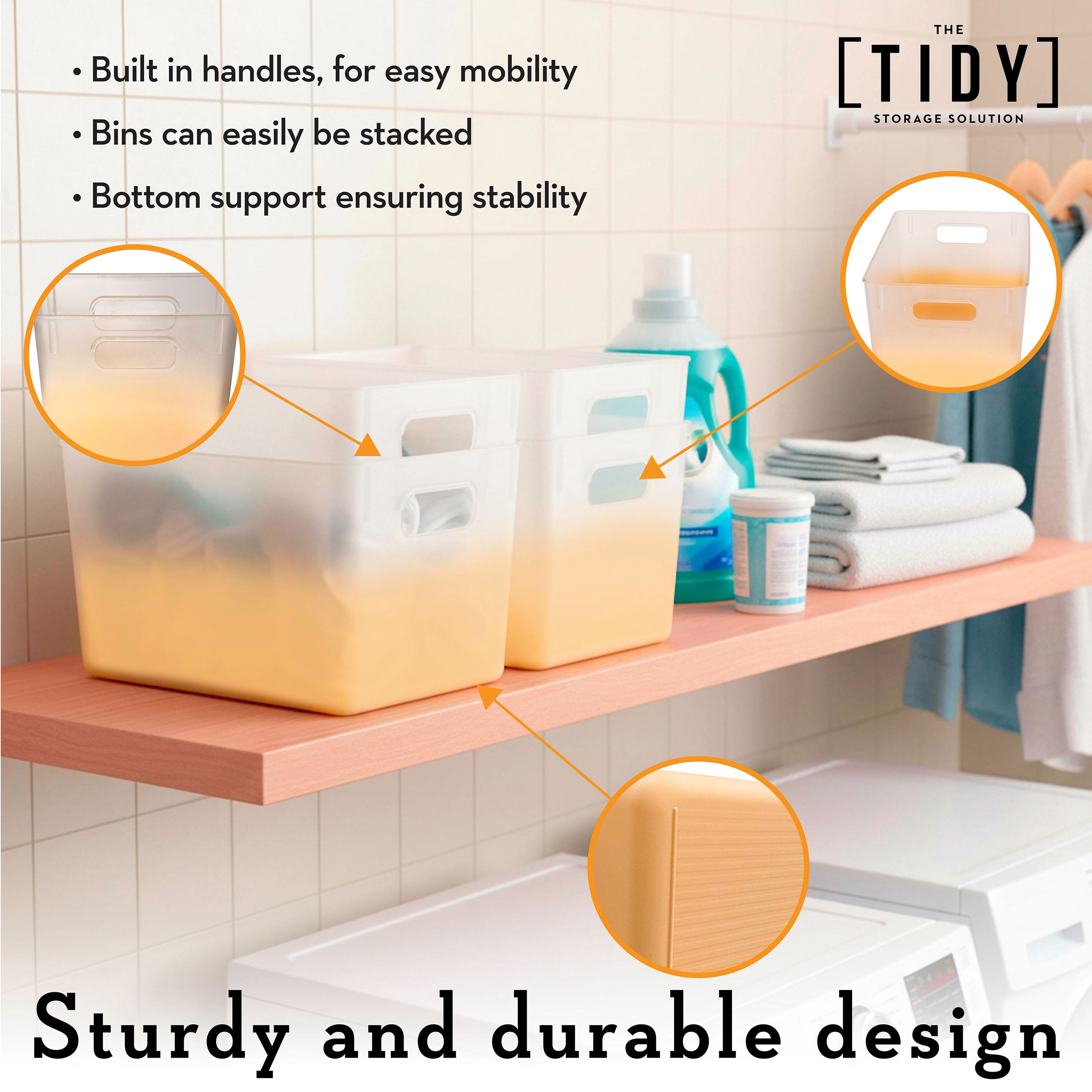 Tidy Matte Closet Storage Bins with Handles, Stackable, 2-Pack, Peach