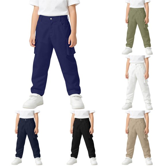 Rggeeun Boys Child Pants Ankle Length Cargo Multiple Pocket Detail Elastic Waist Straight Leg Classic Fit Soft Lightweight Summer Fall Outdoor Activities Basic Trousers,Blue,15-16 Years