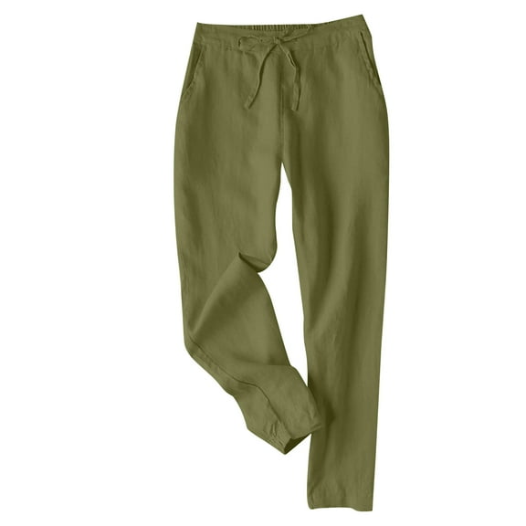 LLYwey Deals Dress Pants Women Ladies Casual Slim Loose Cotton and Linen Ankle Drawstring Elastic Nine Quarter Pants New Full Length Pants Trousers Regular Fitted Green-1 S
