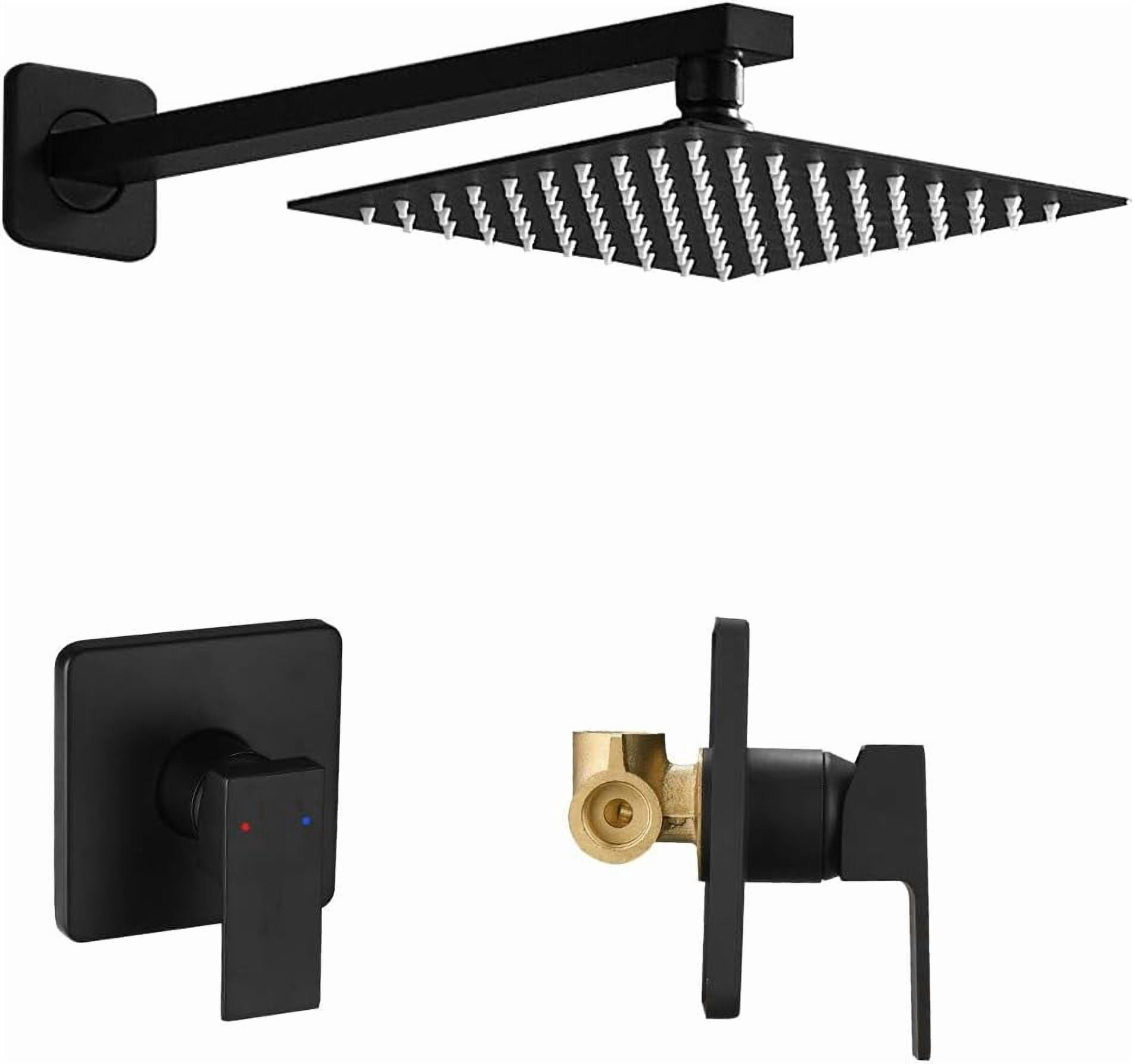 Matte Black Shower Faucet Set with Square Rain Shower Head, Single Function Trim Kit, Rough-in Valve Included, Extra Long Arm, Modern Bathroom Hardware